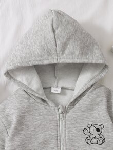 SHEIN 青少年女孩純色熊圖案連帽長袖衛衣 秋季服飾 假日穿搭 校園淺灰色休閒街頭風可愛日系 - 灰色 - 查看 3