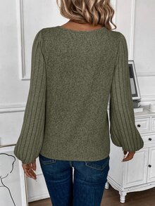 EMERY ROSE V-Neck Lantern Sleeve T-Shirt Fall Cloth For Women - Army Green - View 3