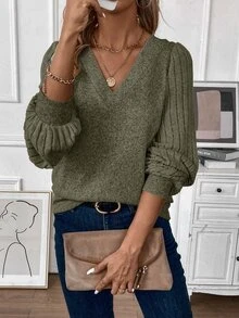 EMERY ROSE V-Neck Lantern Sleeve T-Shirt Fall Cloth For Women - Army Green - View 7