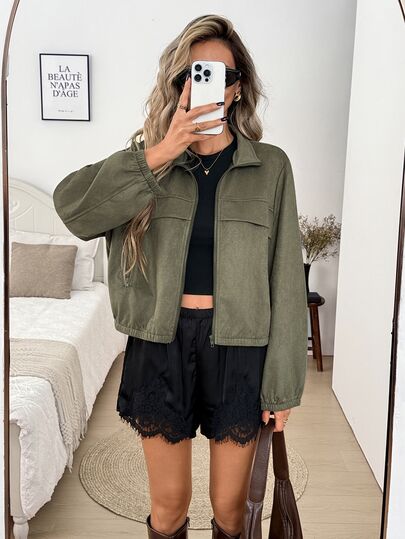SHEIN LUNE Women's Casual Autumn/Winter Commute Daily Basic Fashion Outwear Suede Jacket