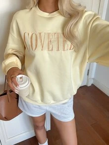 CovetEZ 2026秋季新款淡黃色刺繡標語印花圖案女款運動衫上衣 校園聖誕新年感恩節街頭休閒Y2K風 - 鵝黃色 - 查看 1