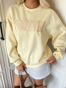 CovetEZ 2026秋季新款淡黃色刺繡標語印花圖案女款運動衫上衣 校園聖誕新年感恩節街頭休閒Y2K風 - 鵝黃色 - 查看 3