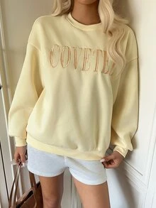 CovetEZ 2026秋季新款淡黃色刺繡標語印花圖案女款運動衫上衣 校園聖誕新年感恩節街頭休閒Y2K風 - 鵝黃色 - 查看 4