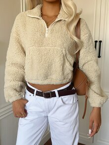 CovetEZ 女款素色保暖內裡休閒百搭日常穿著長袖半拉鍊運動衫 米色 秋季旅行用 - 白色 - 查看 5