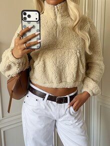 CovetEZ 女款素色保暖內裡休閒百搭日常穿著長袖半拉鍊運動衫 米色 秋季旅行用 - 白色 - 查看 1