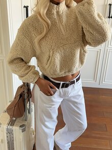 CovetEZ 女款素色保暖內裡休閒百搭日常穿著長袖半拉鍊運動衫 米色 秋季旅行用 - 白色 - 查看 4