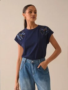 Lilora 女款優雅圓領純棉T恤 高端時尚 百搭日常 正式休閒 出行聚會派對 夏季海軍藍花卉 - 藍色 - 查看 3