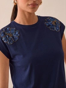 Lilora 女款優雅圓領純棉T恤 高端時尚 百搭日常 正式休閒 出行聚會派對 夏季海軍藍花卉 - 藍色 - 查看 7