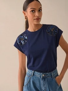 Lilora 女款優雅圓領純棉T恤 高端時尚 百搭日常 正式休閒 出行聚會派對 夏季海軍藍花卉 - 藍色 - 查看 5