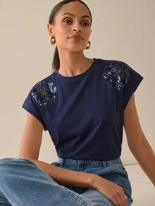 Lilora 女款優雅圓領純棉T恤 高端時尚 百搭日常 正式休閒 出行聚會派對 夏季海軍藍花卉 - 藍色 - 查看 4