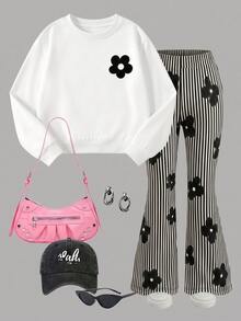 Young Girl Casual Minimalist Loose Crew Neck Long Sleeve Sweatshirt & Flared Pants 2 Pieces Set, Suitable For Autumn/Winter Back To School Pull - Multicolor - View 3