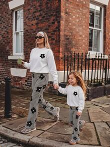 Young Girl Casual Minimalist Loose Crew Neck Long Sleeve Sweatshirt & Flared Pants 2 Pieces Set, Suitable For Autumn/Winter Back To School Pull - Multicolor - View 6