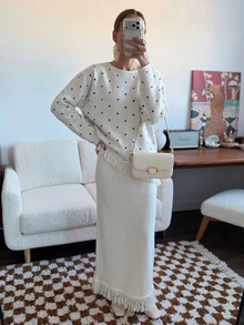Mulvari Women's Polka Dot Patchwork Tassel Long Sleeve Loose Fit Autumn/Winter Sweater 2 Pieces Set White Going Out Fall/Winter - White - View 3