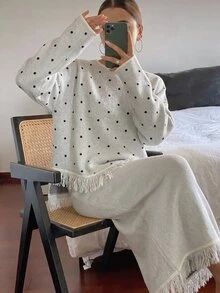 Mulvari Women's Polka Dot Patchwork Tassel Long Sleeve Loose Fit Autumn/Winter Sweater 2 Pieces Set White Going Out Fall/Winter - White - View 6