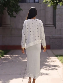 Mulvari Women's Polka Dot Patchwork Tassel Long Sleeve Loose Fit Autumn/Winter Sweater 2 Pieces Set White Going Out Fall/Winter - White - View 2