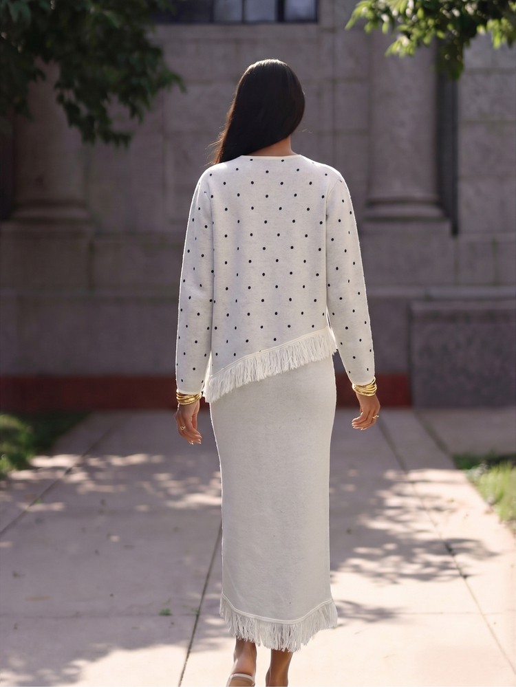 Mulvari Women's Polka Dot Patchwork Tassel Long Sleeve Loose Fit Autumn/Winter Sweater 2 Pieces Set White Going Out Fall/Winter - White - View 2
