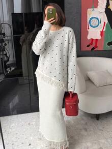 Mulvari Women's Polka Dot Patchwork Tassel Long Sleeve Loose Fit Autumn/Winter Sweater 2 Pieces Set White Going Out Fall/Winter - White - View 1