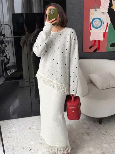 Mulvari Women's Polka Dot Patchwork Tassel Long Sleeve Loose Fit Autumn/Winter Sweater 2 Pieces Set White Going Out Fall/Winter