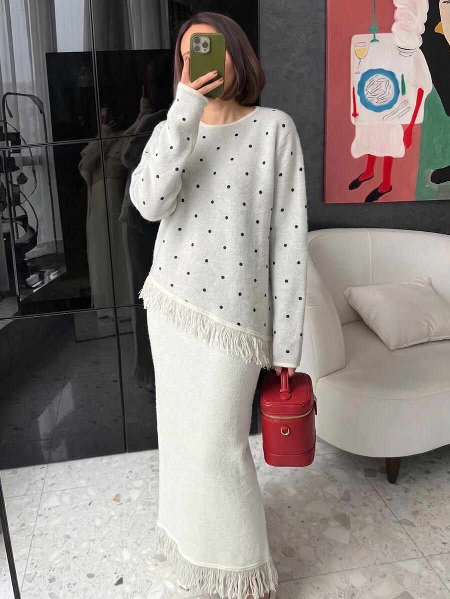 Mulvari Women's Polka Dot Patchwork Tassel Long Sleeve Loose Fit Autumn/Winter Sweater 2 Pieces Set White Going Out Fall/Winter - White - View 1