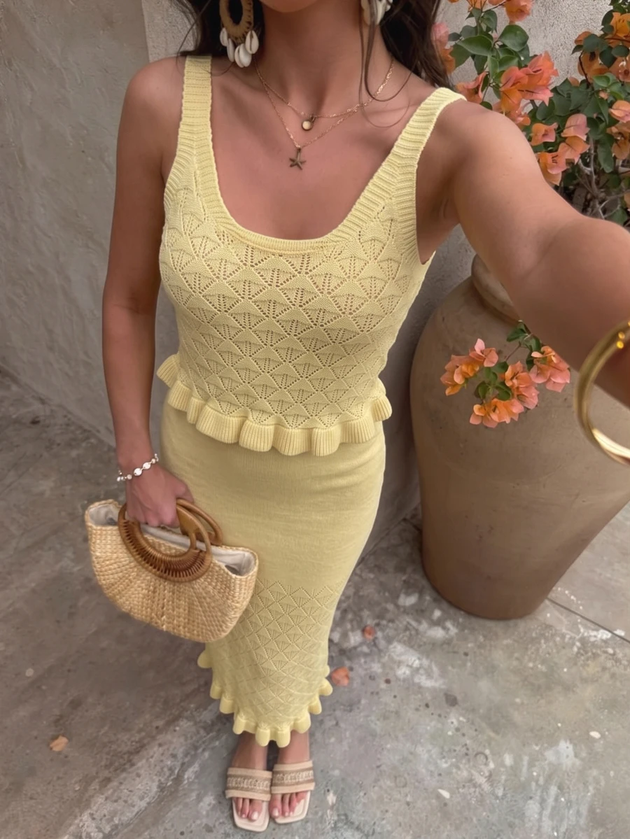 Mulvari Women's Lace Trim Sleeveless Sweater Yellow 2 Pieces Set Fall/Winter Back To School Concert Outfit For Women - Yellow - View 1