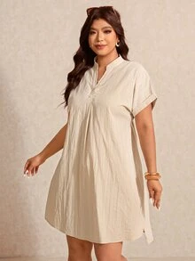 Elaquor 大码休闲纯色V领连衣裙，夏季 - 杏色 - 查看 6