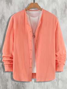 Manfinity Homme Men Solid Button Up Long Sleeve Shirt, Fall, Holiday - Coral Orange - View 3