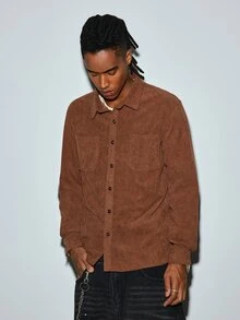 Modcrash Camisa-Jaqueta Casual Masculina de Veludo Cotelê Fino, Design de Bolso Duplo, Moda Casual Minimalista Diária, Camisa de Manga Longa para Passeios, Deslocamento e Estilo de Rua Outono/Inverno - Castanho - Visão 6