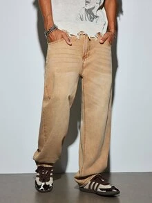 Modcrash Men's Y2K Straight Leg Casual Washed Jeans Fashion Minimalist Long Pants Black Denim Fall/Autumn/Winter - Khaki - View 5