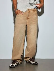Modcrash Men's Y2K Straight Leg Casual Washed Jeans Fashion Minimalist Long Pants Black Denim Fall/Autumn/Winter - Khaki - View 1