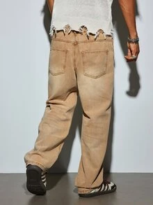 Modcrash Men's Y2K Straight Leg Casual Washed Jeans Fashion Minimalist Long Pants Black Denim Fall/Autumn/Winter - Khaki - View 2