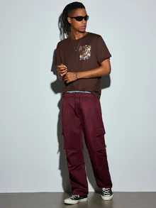Modcrash Men's Loose Cargo Pants, Large Pocket Design, Casual Daily Wear Trousers - Burgundy - View 6