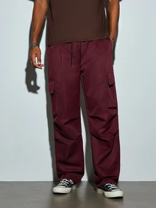 Modcrash Men's Loose Cargo Pants, Large Pocket Design, Casual Daily Wear Trousers - Burgundy - View 1