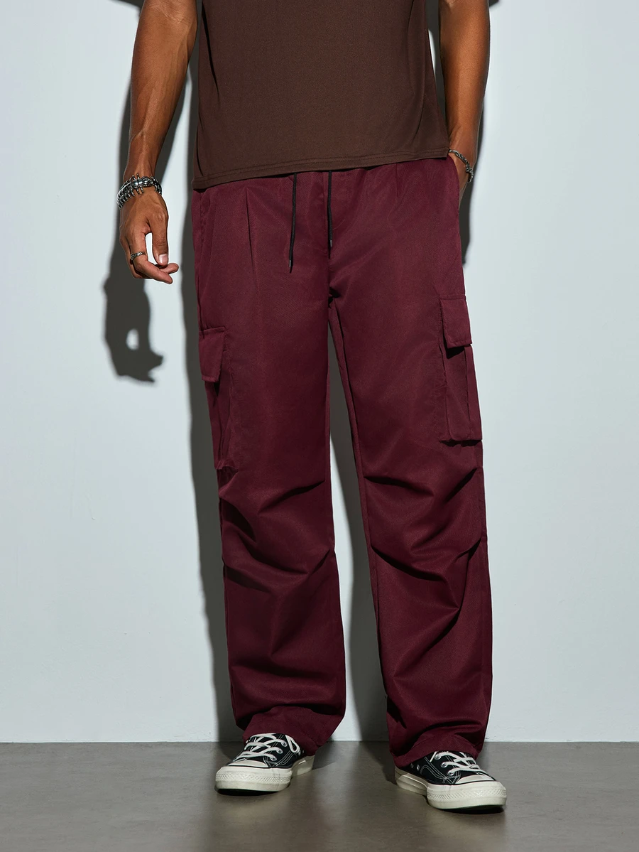 Modcrash Men's Loose Cargo Pants, Large Pocket Design, Casual Daily Wear Trousers - Burgundy - View 1