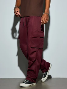 Modcrash Men's Loose Cargo Pants, Large Pocket Design, Casual Daily Wear Trousers - Burgundy - View 4