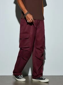 Modcrash Men's Loose Cargo Pants, Large Pocket Design, Casual Daily Wear Trousers - Burgundy - View 5