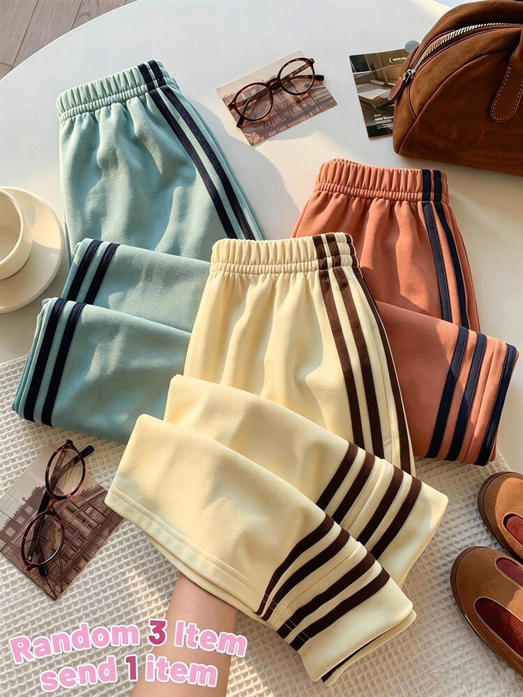 SHEIN Sparklyn Tween Girls Wide Leg Plus Size American Casual Modest All-Match Daily Sports Street Contrast Color Waistband Loose Sweatpants Summer School Cream - Apricot - View 2