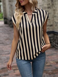 EMERY ROSE Notched V-Neck Stripe Print Elegant Office Wear Short Sleeve Blouse - Multicolor - View 4