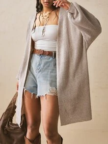 Freevana Women's Casual Soft Form Slouchy Stylelight Blue Color Open Front Long Sleeve Knit Cardigan-Loose Multi-Functional Sweater Autumn Formal Homewear - Apricot - View 5