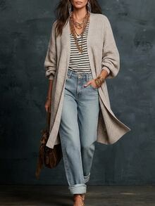 Freevana Women's Casual Soft Form Slouchy Stylelight Blue Color Open Front Long Sleeve Knit Cardigan-Loose Multi-Functional Sweater Autumn Formal Homewear - Apricot - View 2