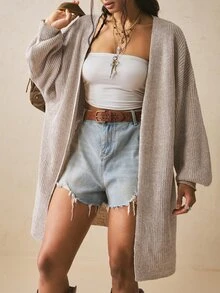 Freevana Women's Casual Soft Form Slouchy Stylelight Blue Color Open Front Long Sleeve Knit Cardigan-Loose Multi-Functional Sweater Autumn Formal Homewear - Apricot - View 3