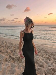 Skyraze Backless Bodycon Spaghetti Strap Dress - Black - View 6