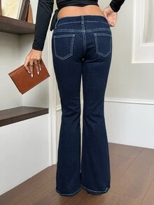 Rivivi High Waist Flare Leg Jeans,Fall/Winter,Women Oktoberfest Outfit - Blue - View 2