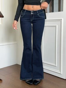 Rivivi High Waist Flare Leg Jeans,Fall/Winter,Women Oktoberfest Outfit - Blue - View 6
