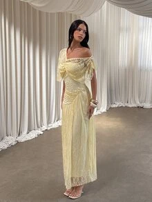 Aloruh 女款優雅甜美蕾絲不對稱領抓褶洋裝 - 淡黃色 - 查看 6