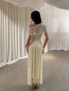 Aloruh 女款優雅甜美蕾絲不對稱領抓褶洋裝 - 淡黃色 - 查看 2