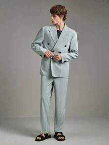 Calmiston Men's Sage Green Double Breasted Suit,Summer Elegant Formal 2 Pieces Set,Tailored Fit Linen Blend Textured Blazer & Pants For Wedding & Ceremony - Baby Blue - View 5
