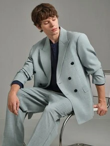 Calmiston Men's Sage Green Double Breasted Suit,Summer Elegant Formal 2 Pieces Set,Tailored Fit Linen Blend Textured Blazer & Pants For Wedding & Ceremony - Baby Blue - View 10