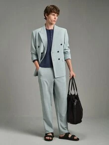 Calmiston Men's Sage Green Double Breasted Suit,Summer Elegant Formal 2 Pieces Set,Tailored Fit Linen Blend Textured Blazer & Pants For Wedding & Ceremony - Baby Blue - View 9