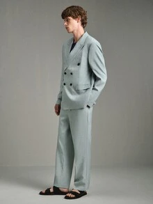 Calmiston Men's Sage Green Double Breasted Suit,Summer Elegant Formal 2 Pieces Set,Tailored Fit Linen Blend Textured Blazer & Pants For Wedding & Ceremony - Baby Blue - View 6