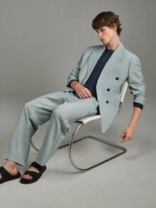 Calmiston Men's Sage Green Double Breasted Suit,Summer Elegant Formal 2 Pieces Set,Tailored Fit Linen Blend Textured Blazer & Pants For Wedding & Ceremony - Baby Blue - View 1